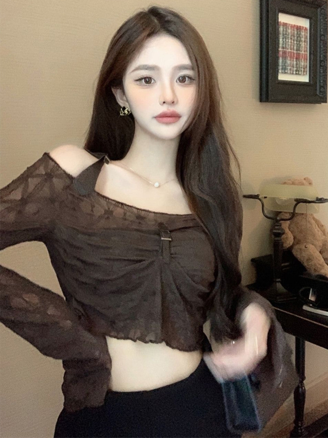 Brown Off-Shoulder Long Sleeves Solid Polyester Crop Top