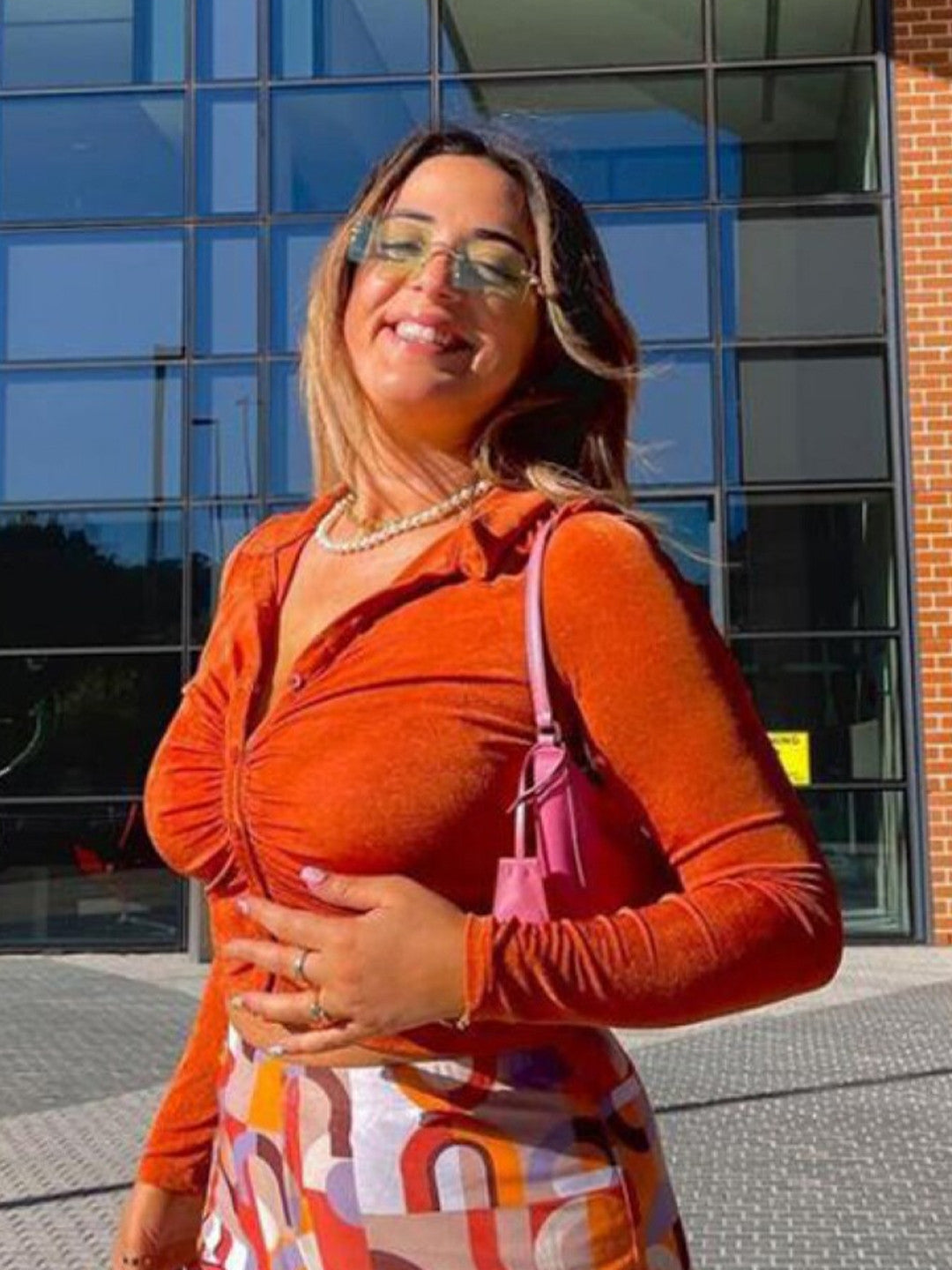 Orange Shirt Collar Long Sleeves Solid Polyester Top