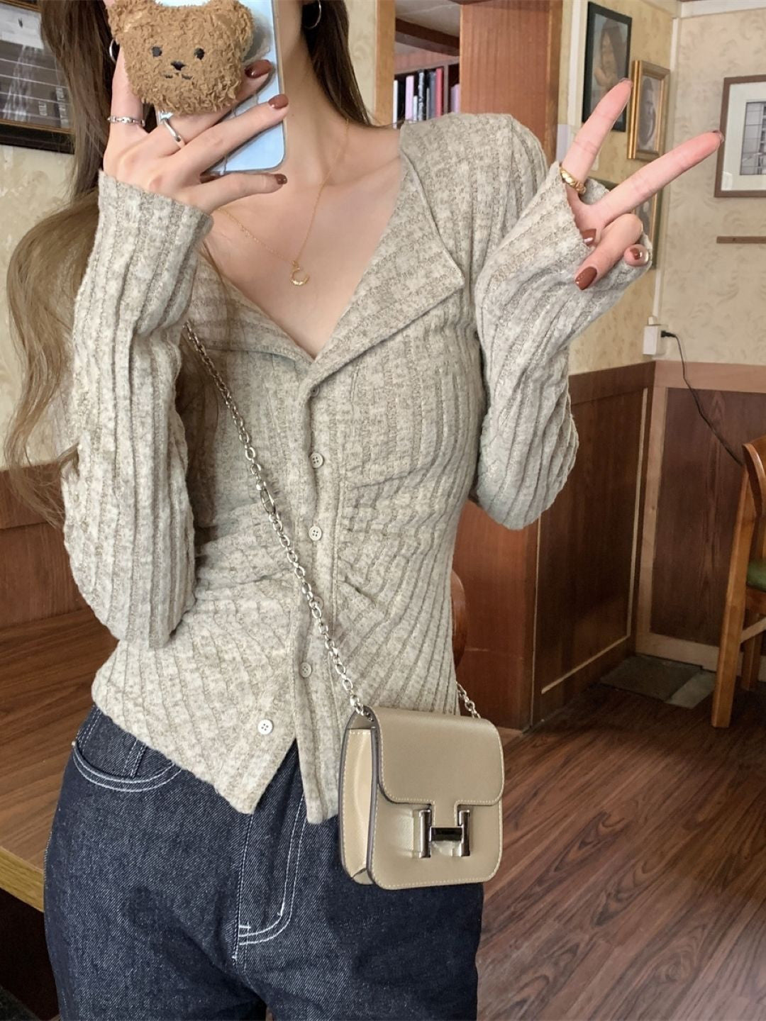 Grey V-Neck Long Sleeves Solid Polyester Top