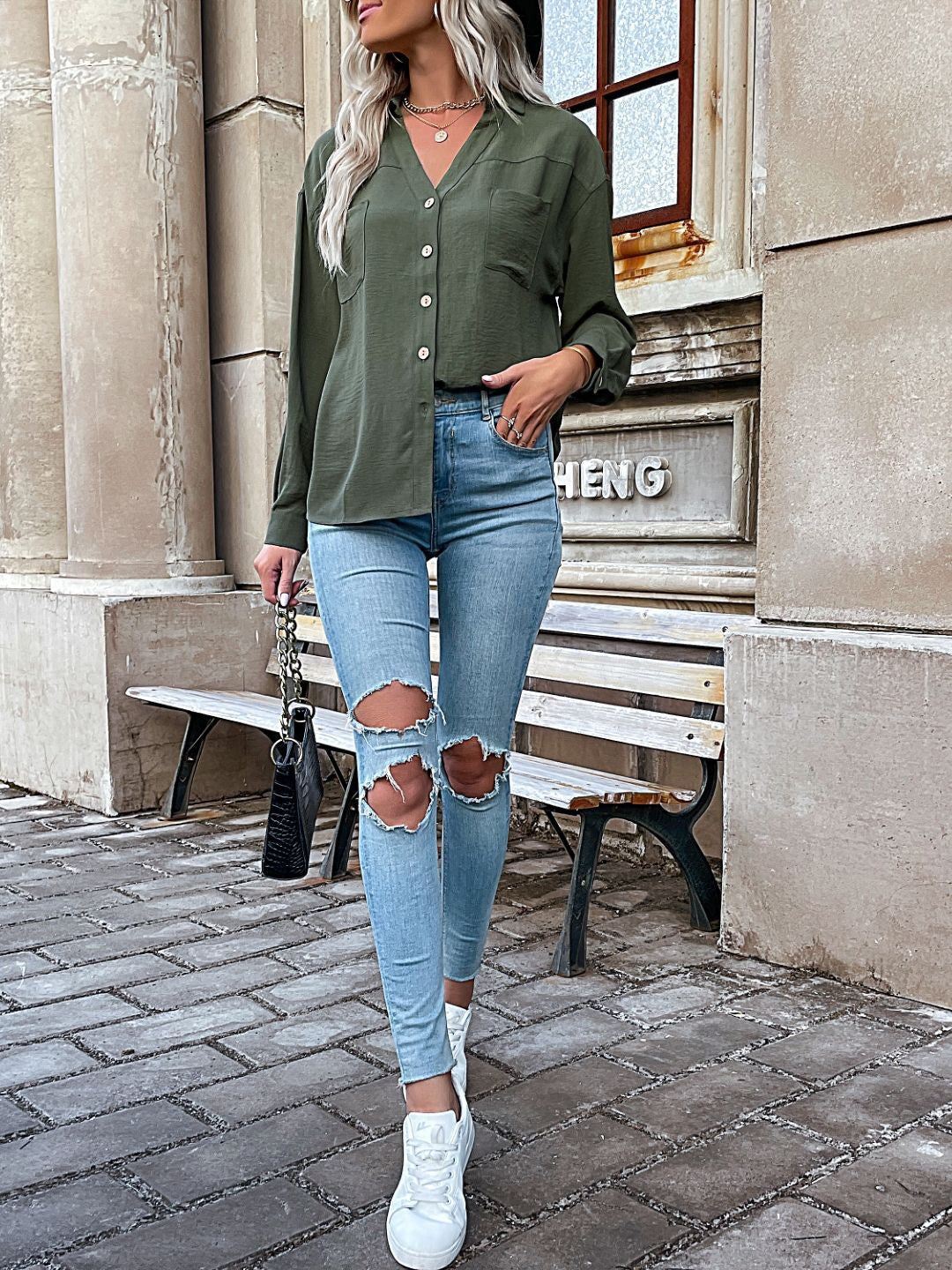 Green Shirt Collar Solid Long Sleeves Opaque Polyester Top