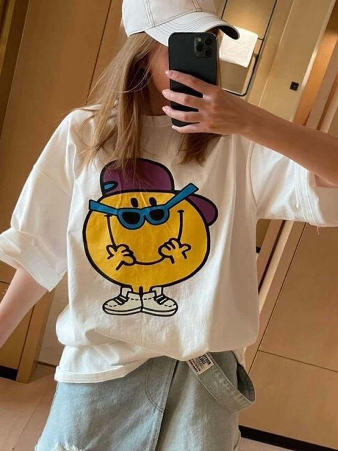 White Round Neck Short Sleeves Graphic Polyester Tops