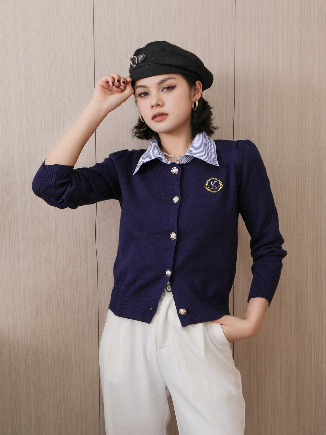 Navy Blue Viscose Rayon Shirt Collar Long Sleeves Solid Top