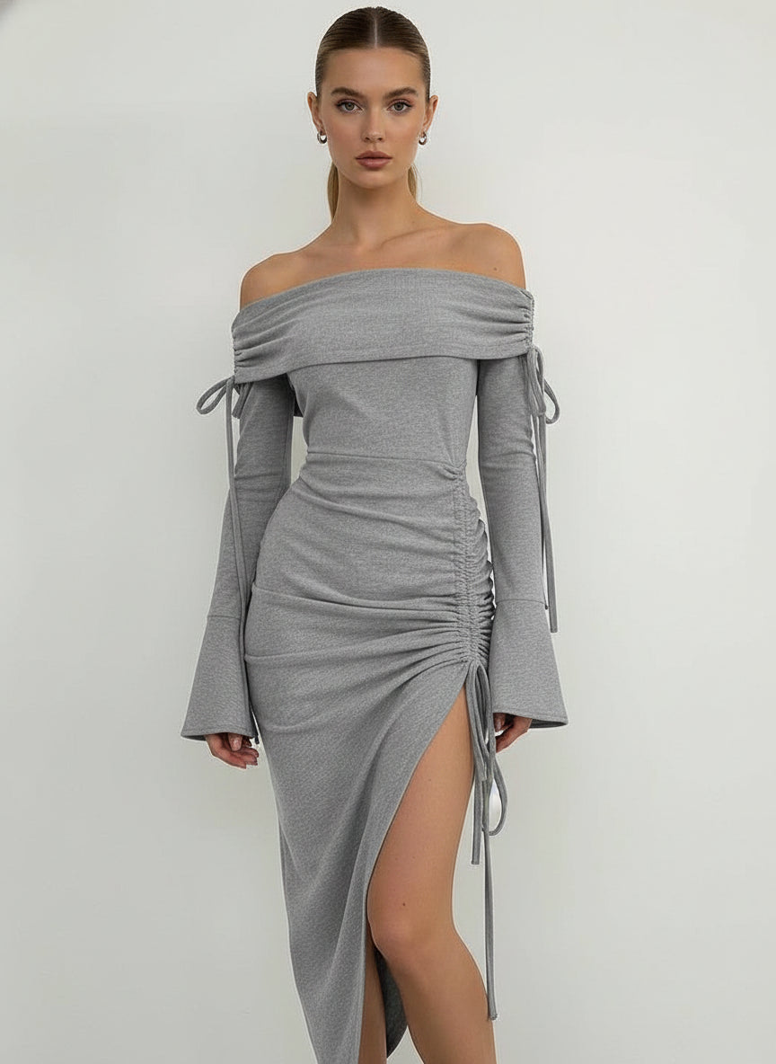 Grey Off-Shoulder Bell Sleeve Bodycon Midi Dress