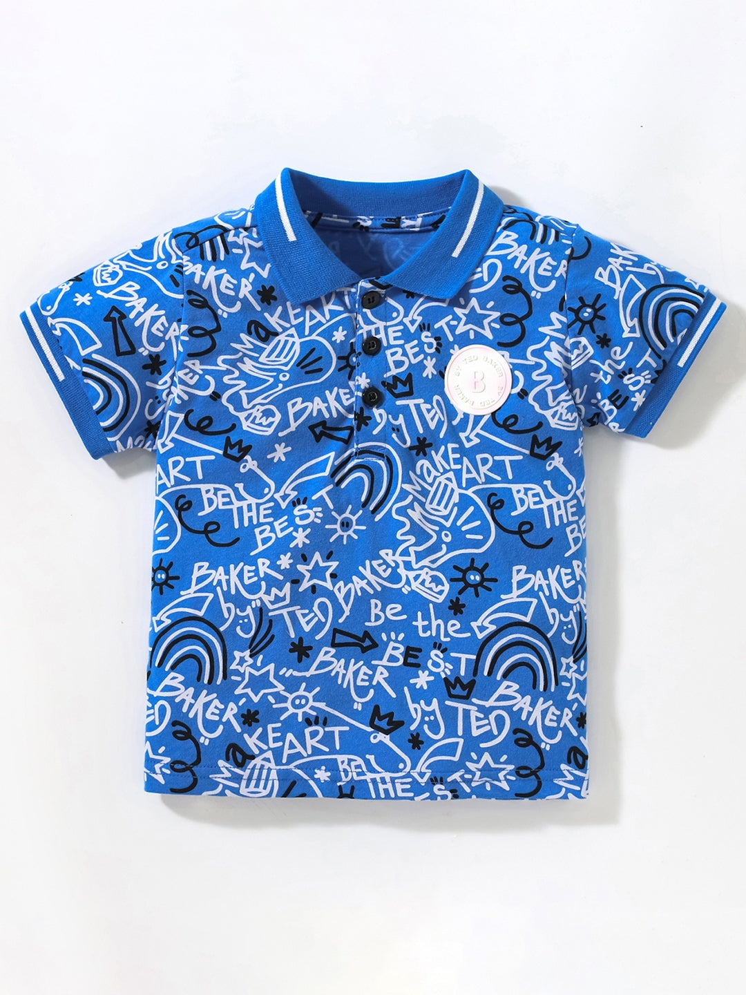 Blue Shirt Collar Short Sleeves Graphic Casual Cotton Top