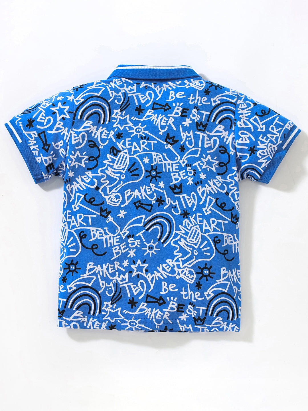 Blue Shirt Collar Short Sleeves Graphic Casual Cotton Top