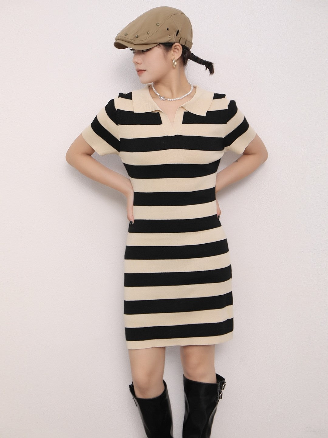 Cream Shirt Collar Short Sleeves Horizontal Stripes Top