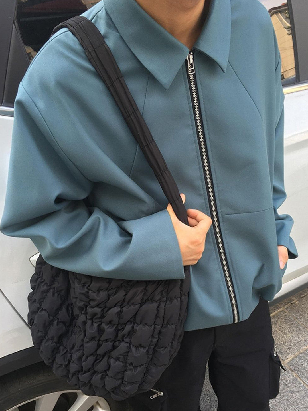 Blue Spread Collar Long Sleeves Solid Polyester Open Front Jacket