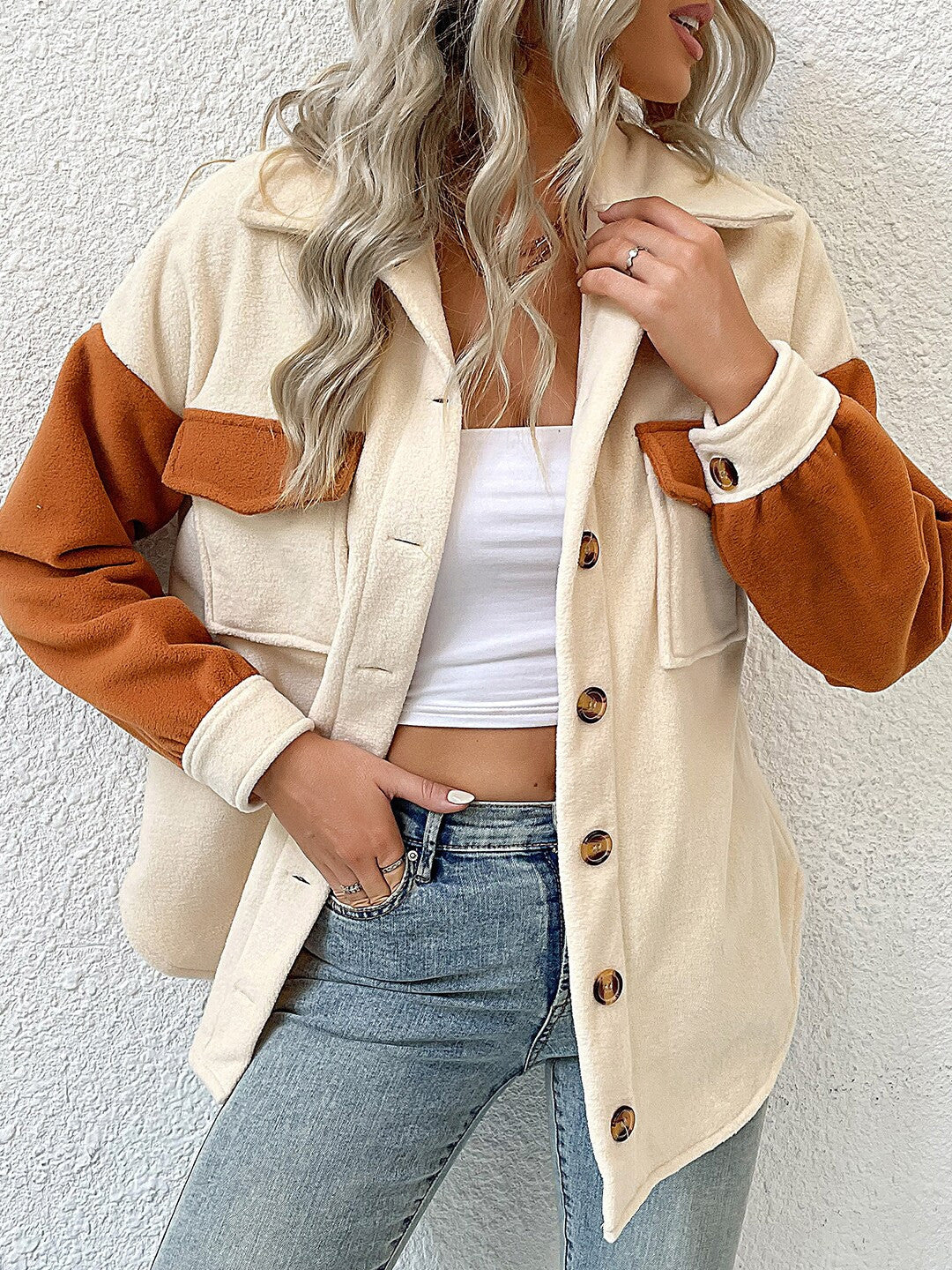 Cream Shirt-Style Polyester Jacket