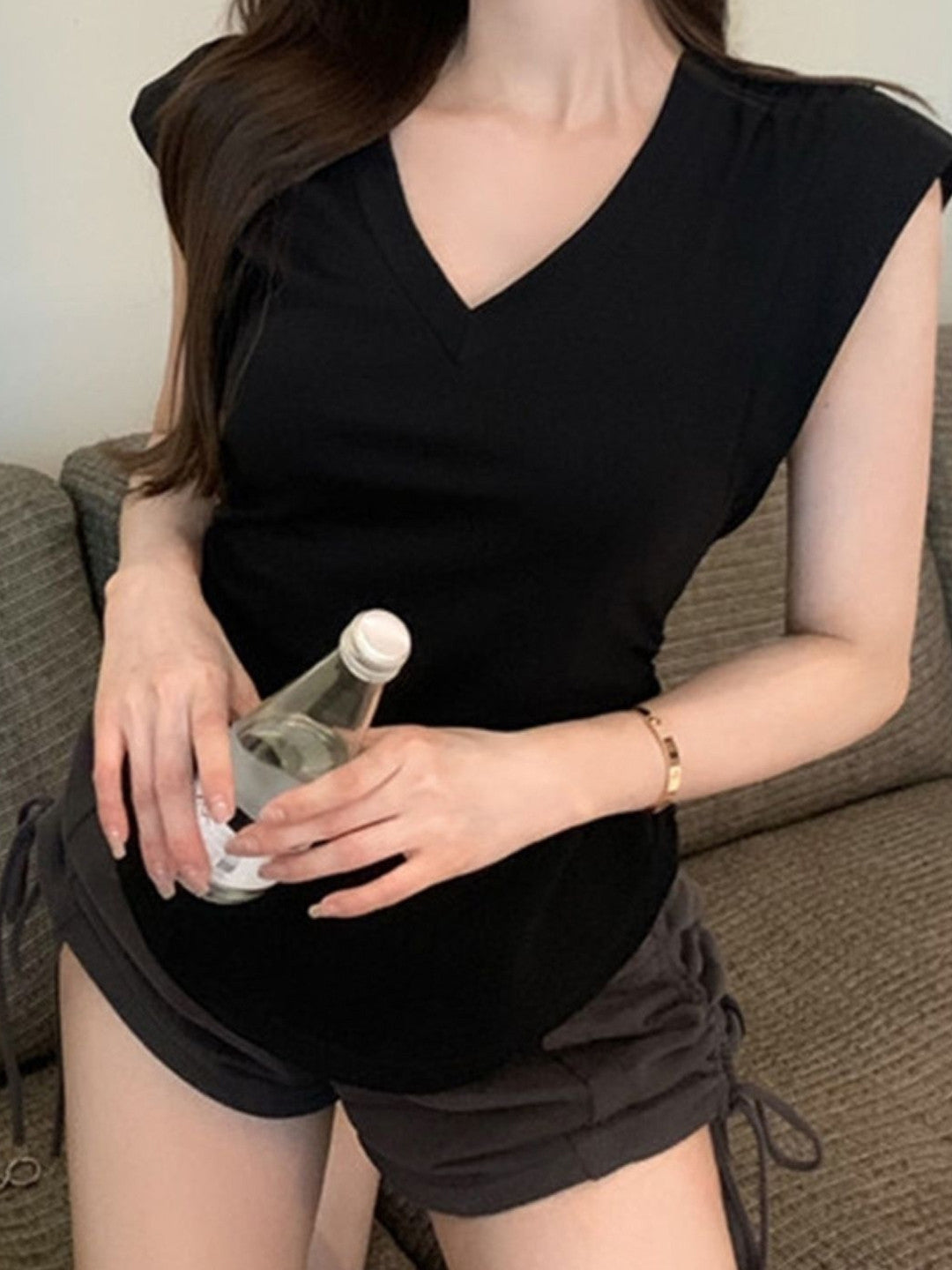 Black V-Neck Short Sleeves Solid Polyester Top