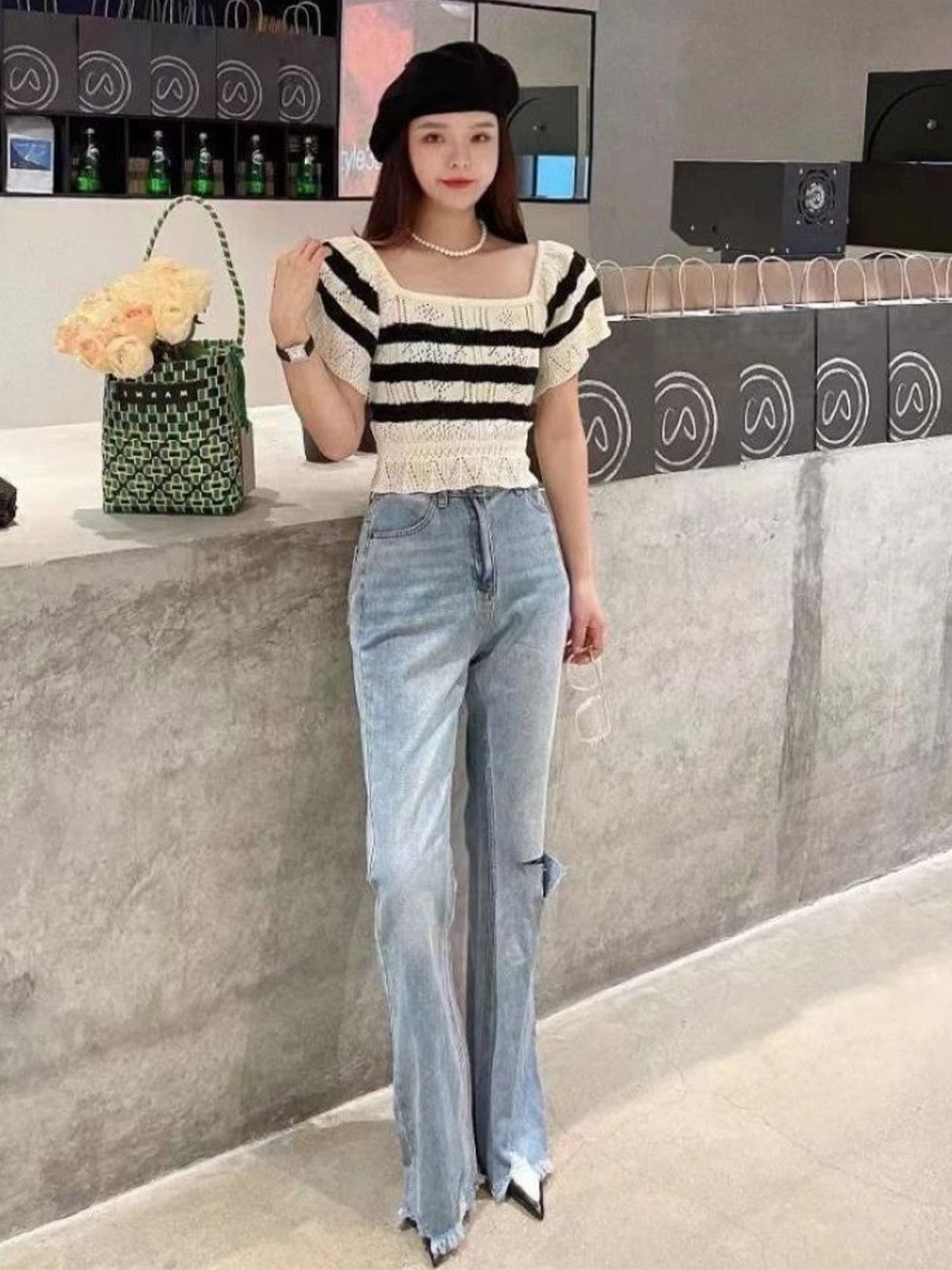 Khaki Square Neck Short Sleeves Horizontal Stripes Polyester Top