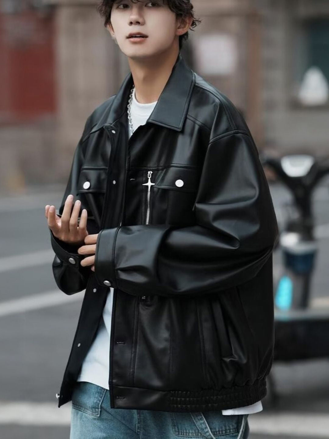 Black Spread Collar Long Sleeves Solid Leather Open Front Jacket
