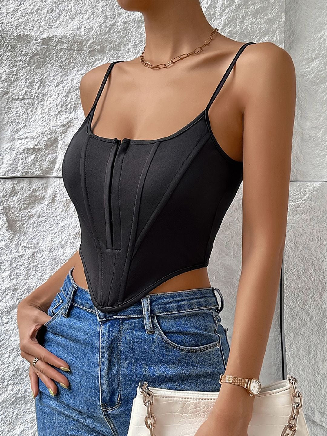 Black Shoulder Straps Sleeveless Solid Polyester Corset Top