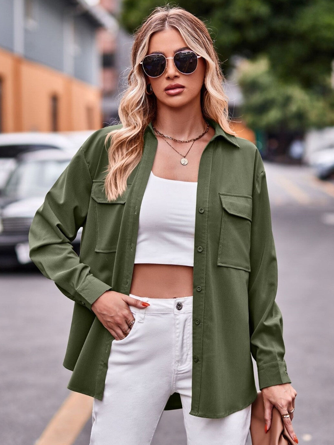 Green Shirt Collar Long Sleeves Solid Polyester Top