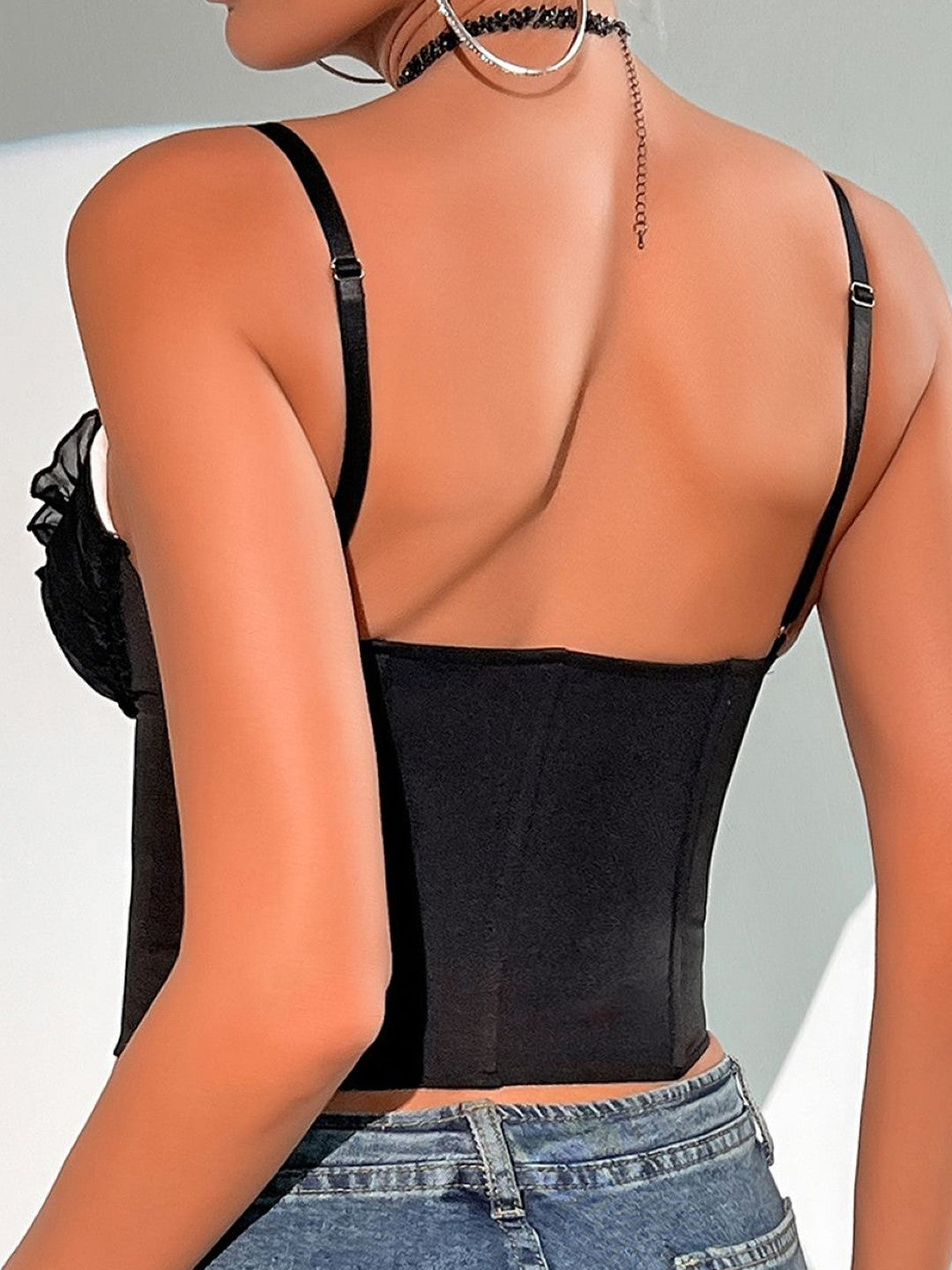 Black Shoulder Straps Sleeveless Solid Polyester Corset Top