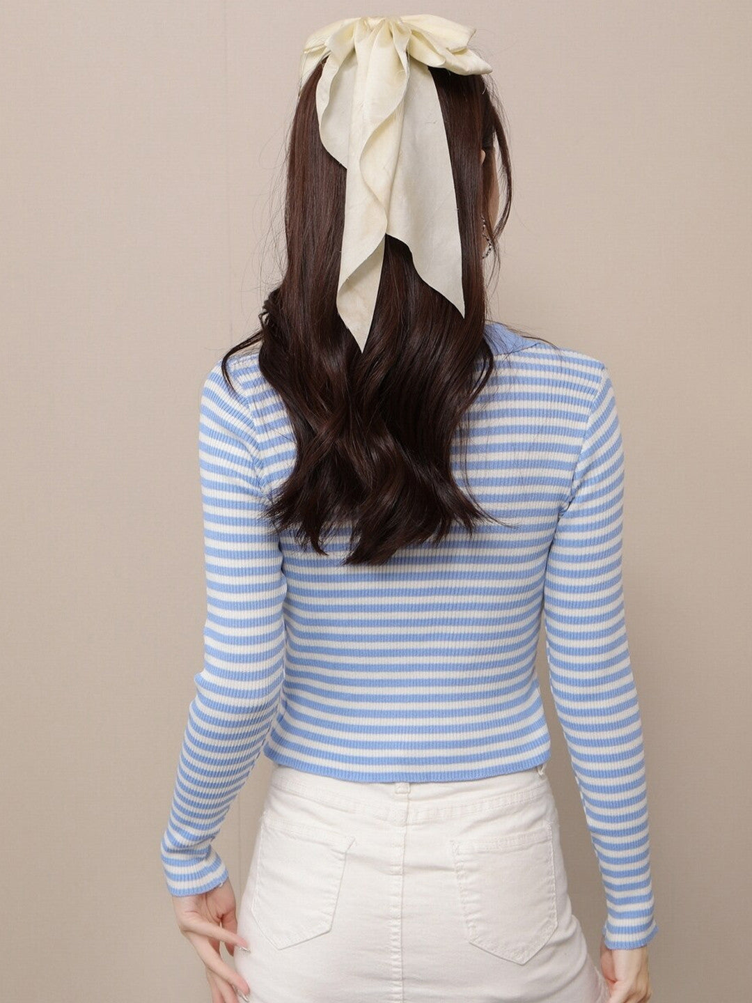 Blue Shirt Collar Long Sleeves Horizontal Stripes Top