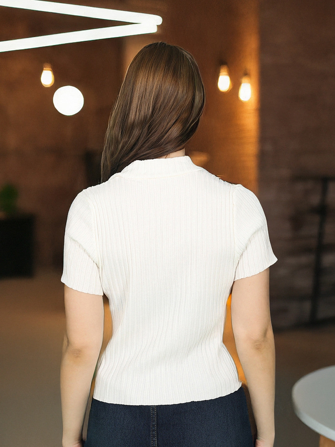 White Shirt Collar Short Sleeves Solid Polyester Top