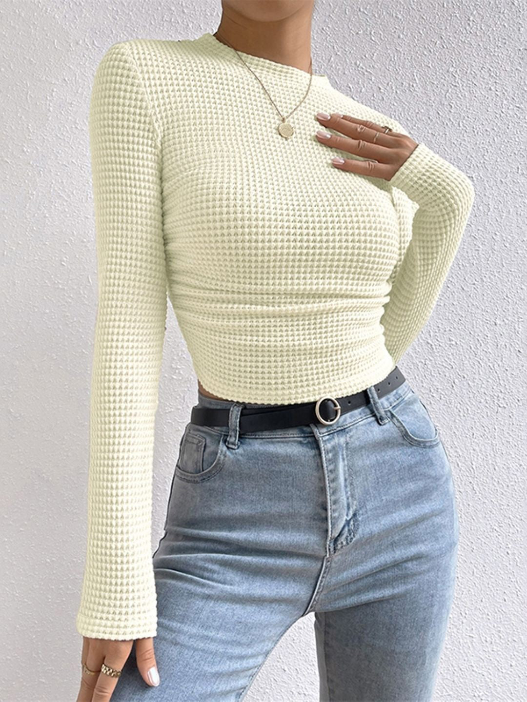 White Round Neck Solid Long Sleeves Polyester Crop Top
