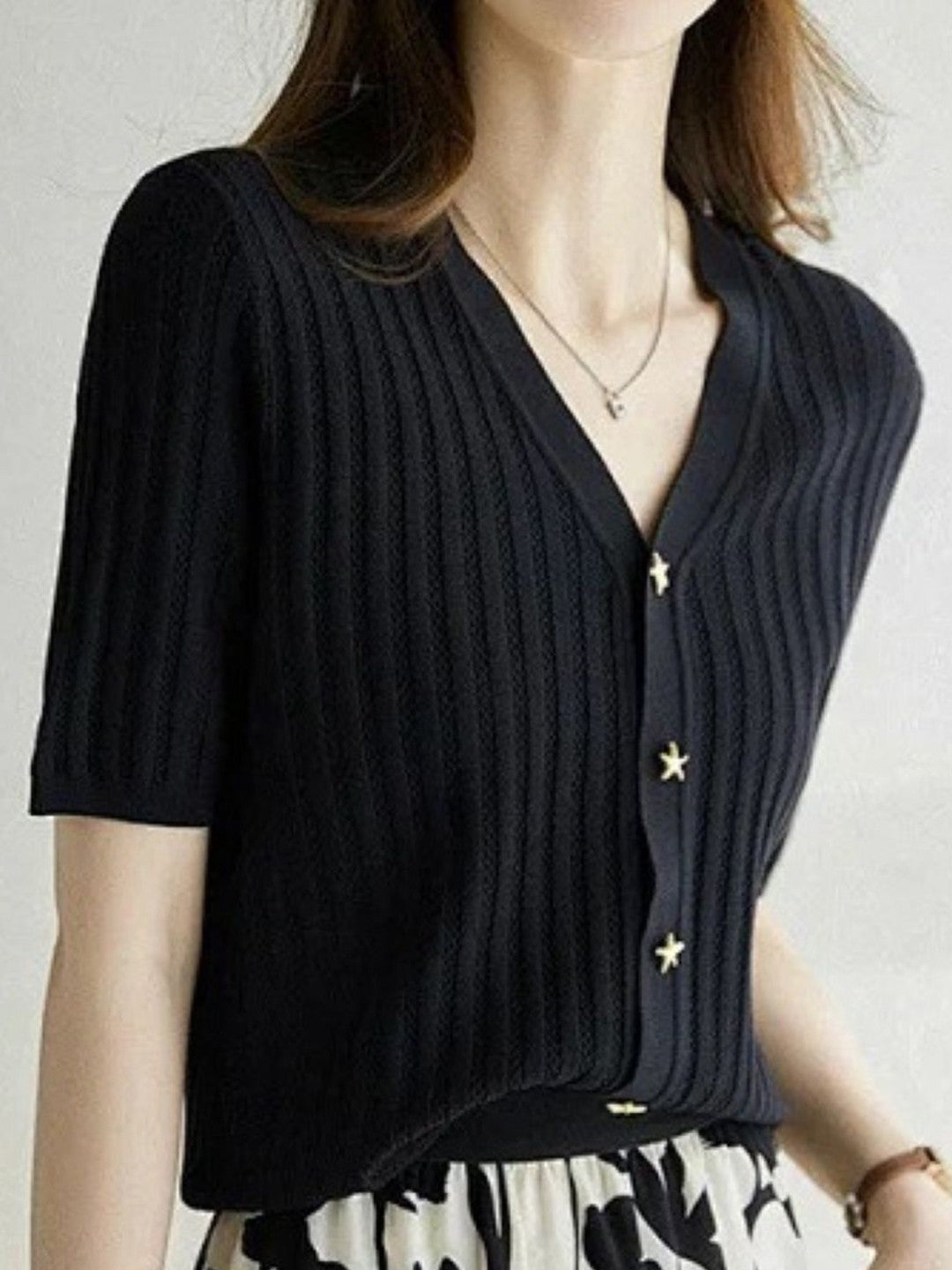 Black V-Neck Short Sleeves Solid Polyester Top