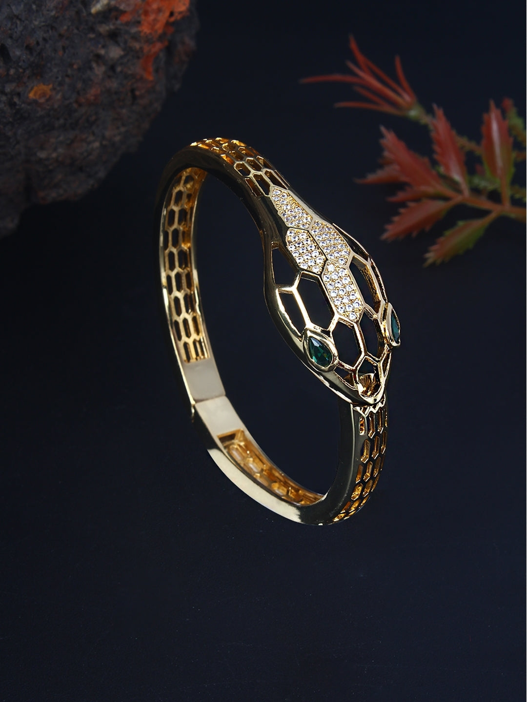 Gold-Plated Gold & Green Cubic Zirconia Studded Bangle-Style Brass Slip-On Bracelet