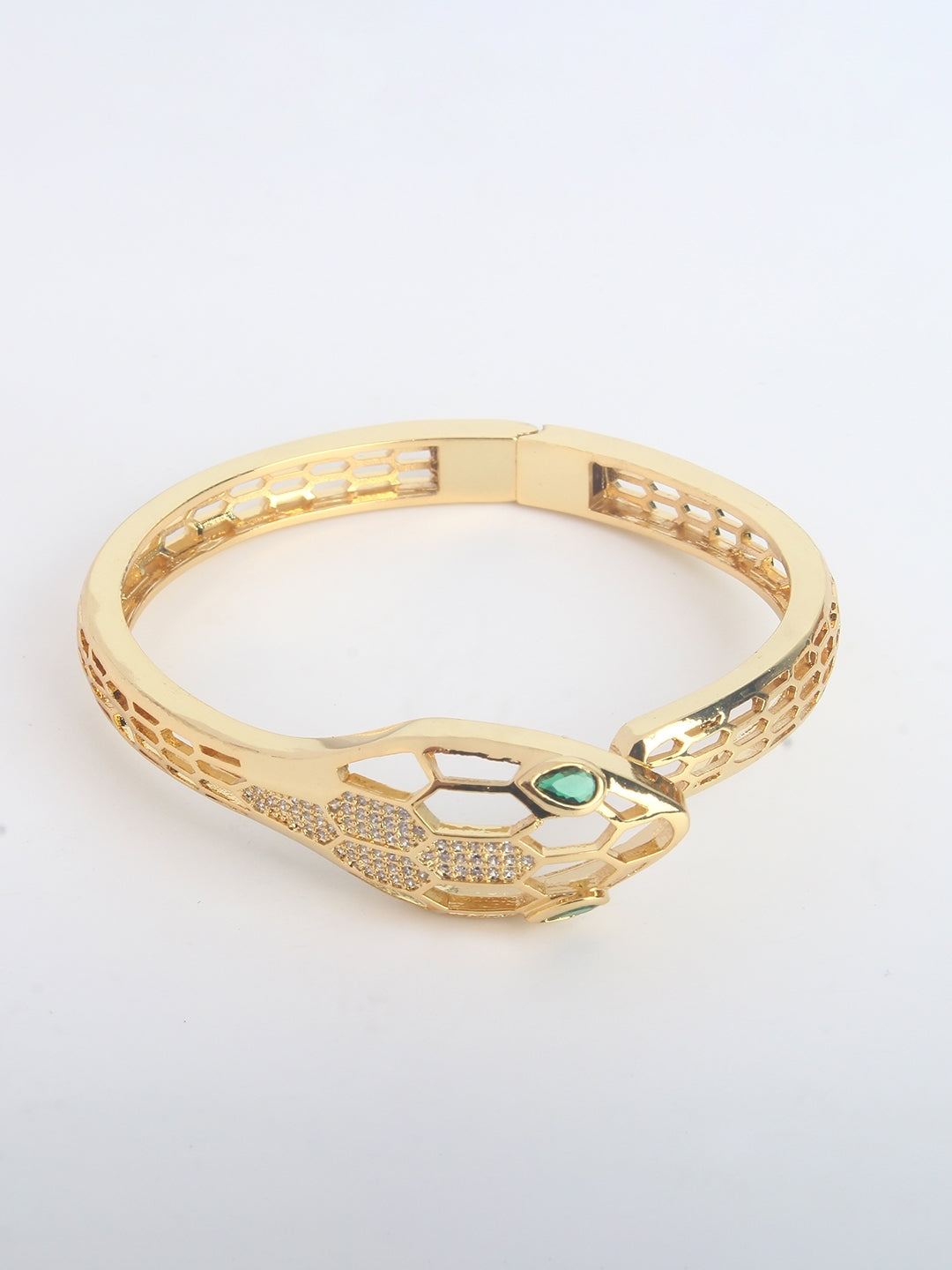 Gold-Plated Gold & Green Cubic Zirconia Studded Bangle-Style Brass Slip-On Bracelet