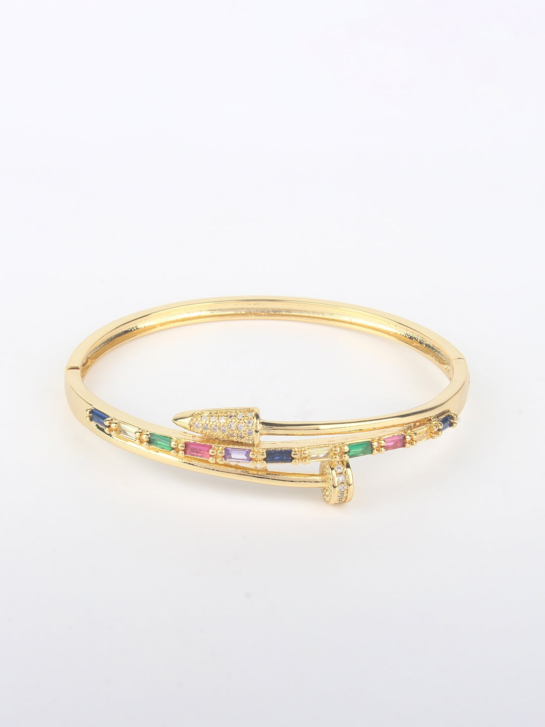 Gold-Plated Gold & Pink Cubic Zirconia Studded Bangle-Style Brass Slip-On Bracelet