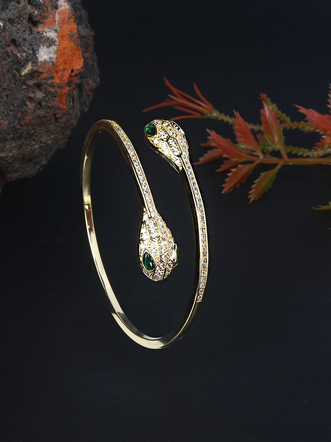 Gold-Plated Gold & Green Cubic Zirconia Studded Bangle-Style Brass Slip-On Bracelet