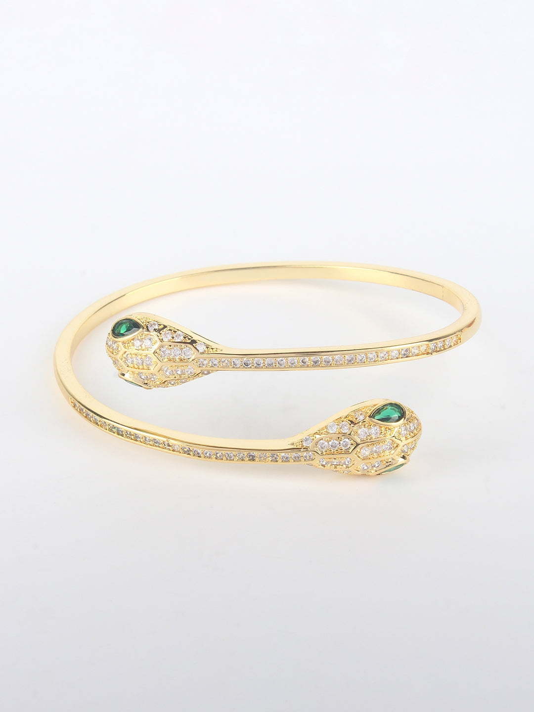 Gold-Plated Gold & Green Cubic Zirconia Studded Bangle-Style Brass Slip-On Bracelet