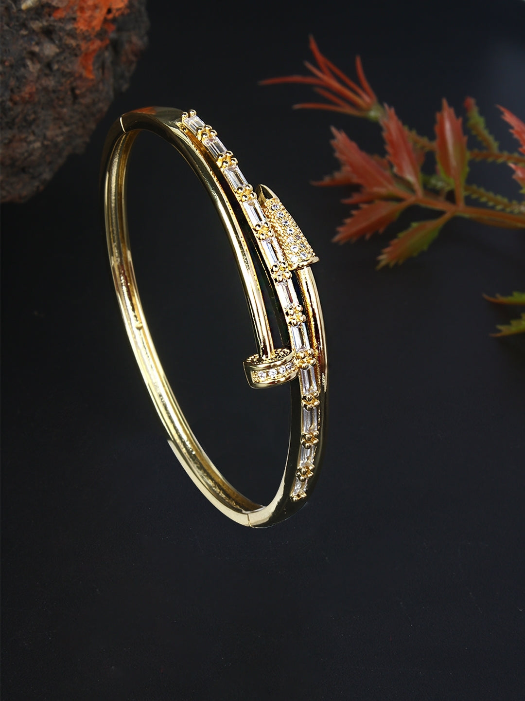 Gold-Plated Gold & Transparent Cubic Zirconia Studded Bangle-Style Brass Slip-On Bracelet