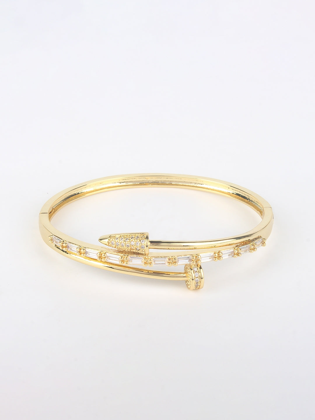 Gold-Plated Gold & Transparent Cubic Zirconia Studded Bangle-Style Brass Slip-On Bracelet