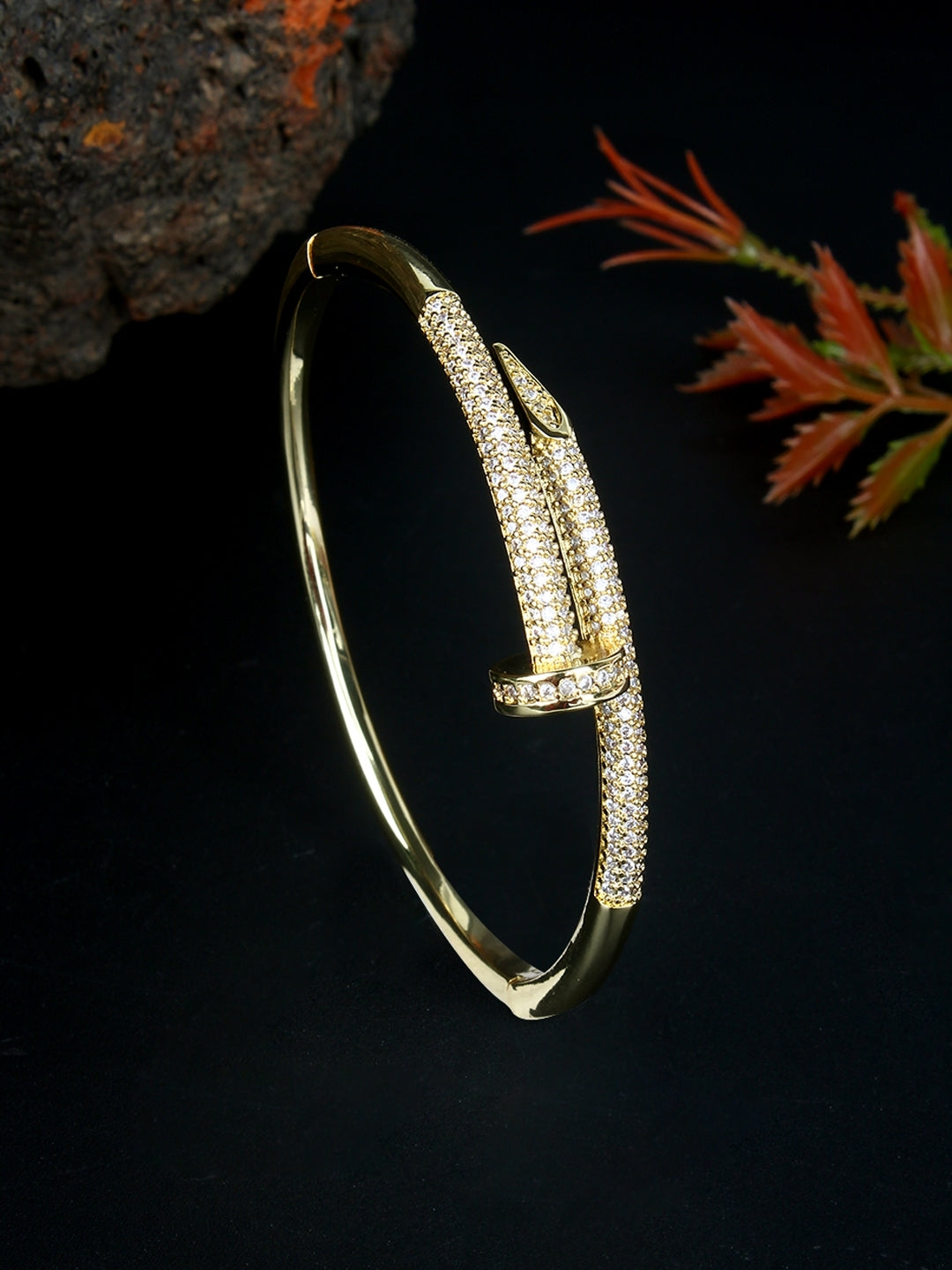 Gold-Plated Gold & Transparent Cubic Zirconia Studded Bangle-Style Brass Slip-On Bracelet