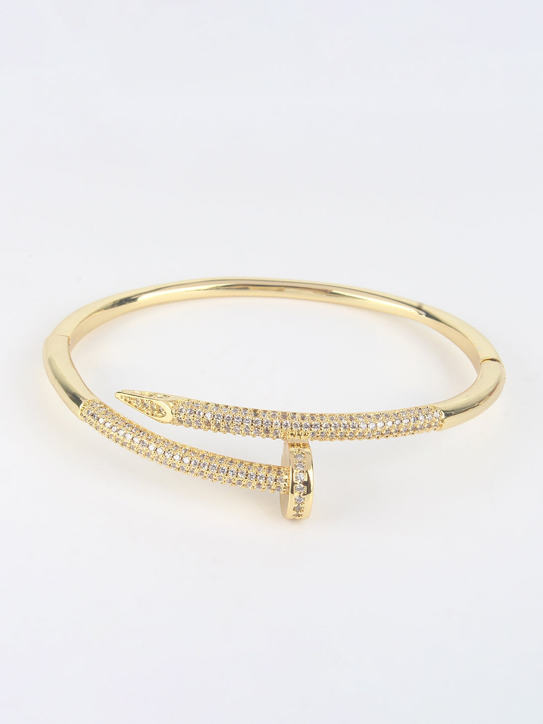 Gold-Plated Gold & Transparent Cubic Zirconia Studded Bangle-Style Brass Slip-On Bracelet