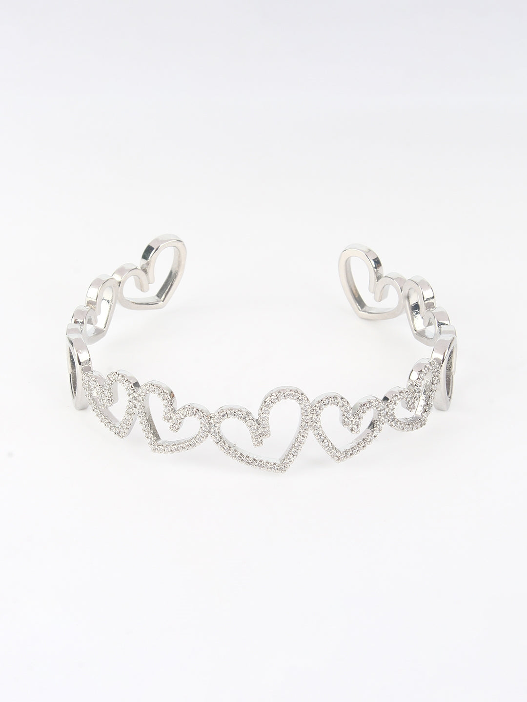 Silver-Plated Silver & Transparent Cubic Zirconia Studded Bangle-Style Brass Slip-On Bracelet