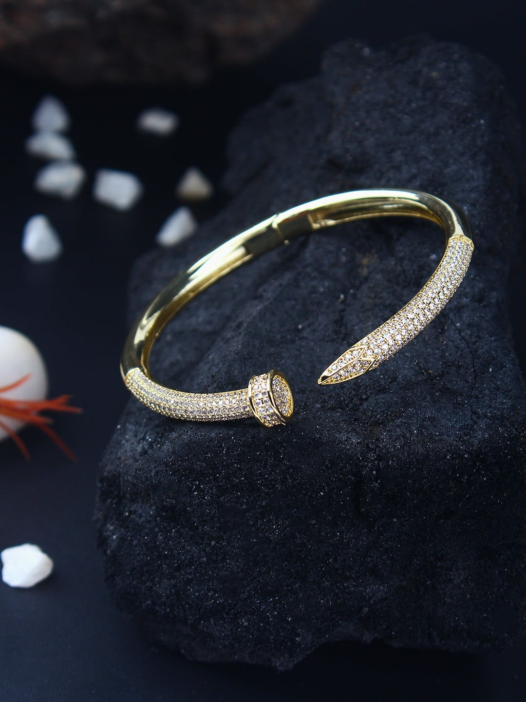 Gold-Plated Gold & Transparent Cubic Zirconia Studded Bangle-Style Brass Slip-On Bracelet