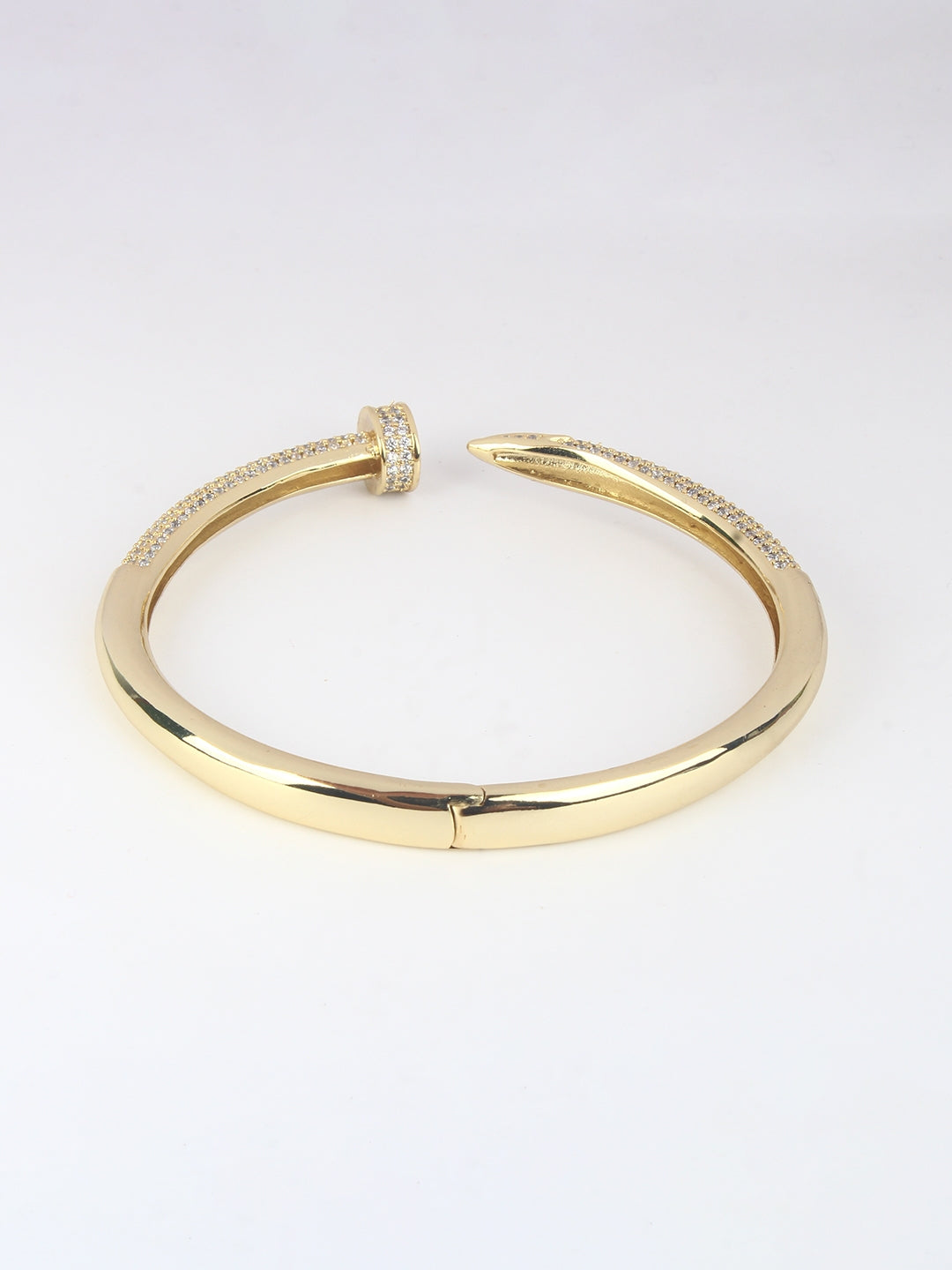 Gold-Plated Gold & Transparent Cubic Zirconia Studded Bangle-Style Brass Slip-On Bracelet