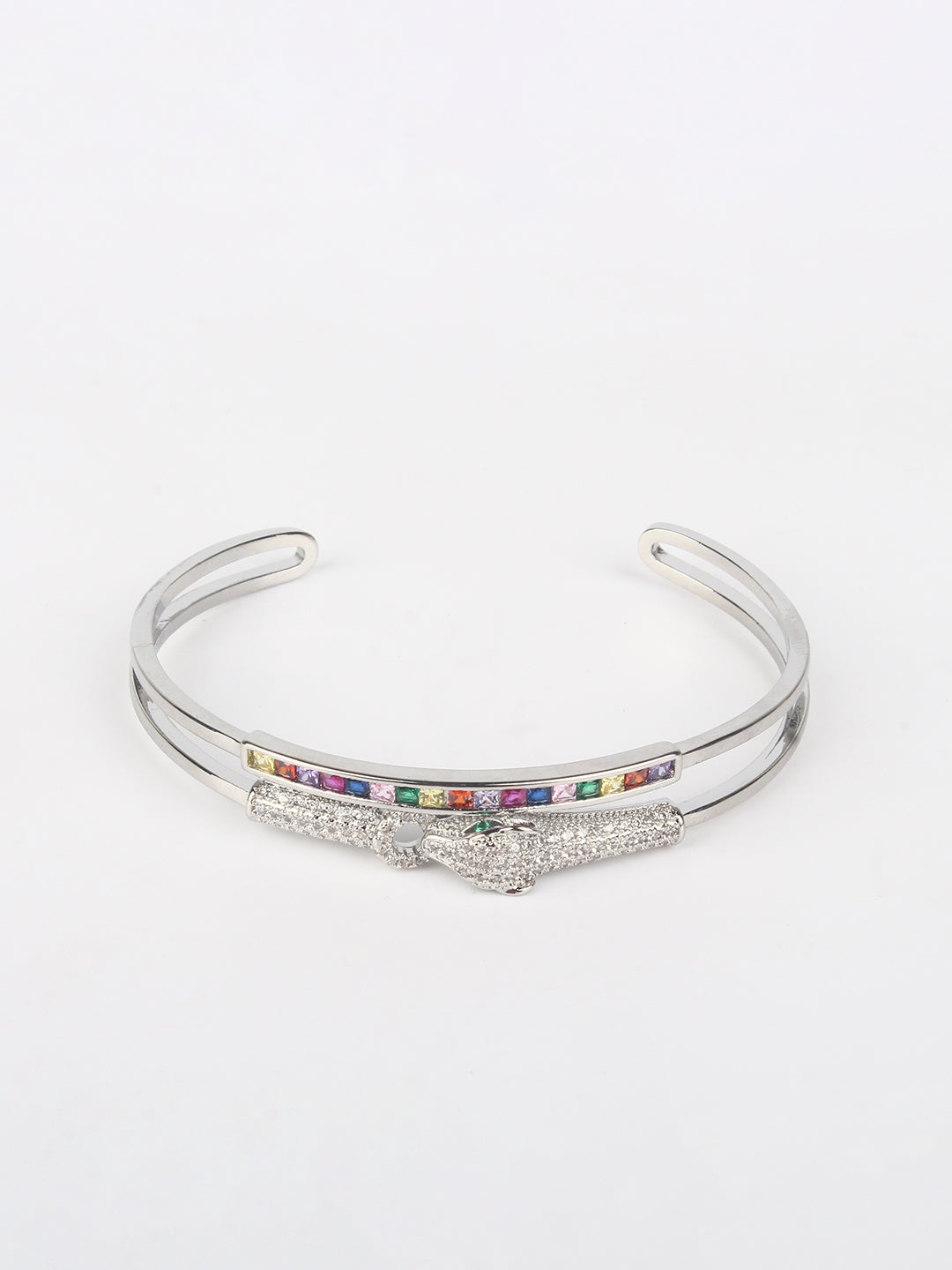 Silver-Plated Silver & Multi Cubic Zirconia Studded Bangle-Style Brass Slip-On Bracelet