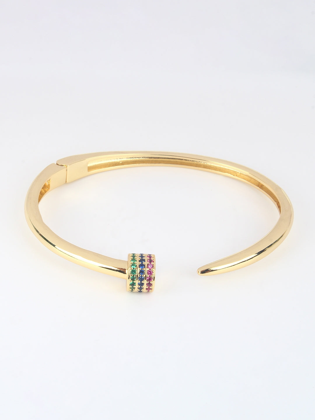 Gold-Plated Gold & Green Cubic Zirconia Studded Bangle-Style Brass Slip-On Bracelet