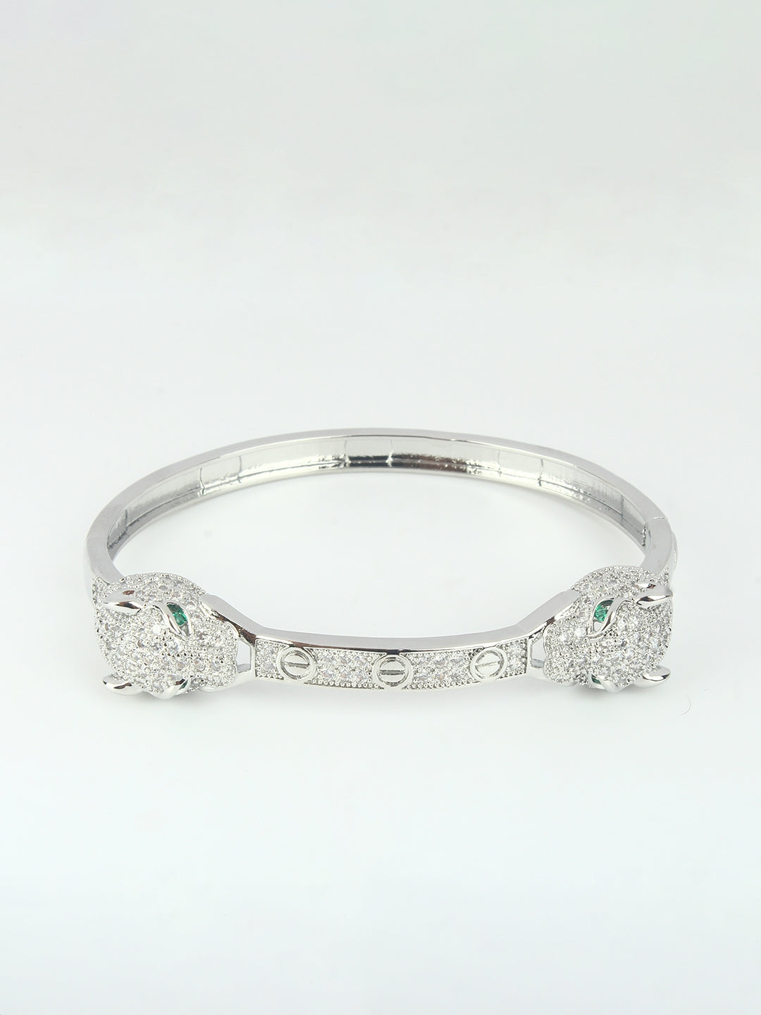 Silver-Plated Silver & Transparent Cubic Zirconia Studded Bangle-Style Brass Slip-On Bracelet