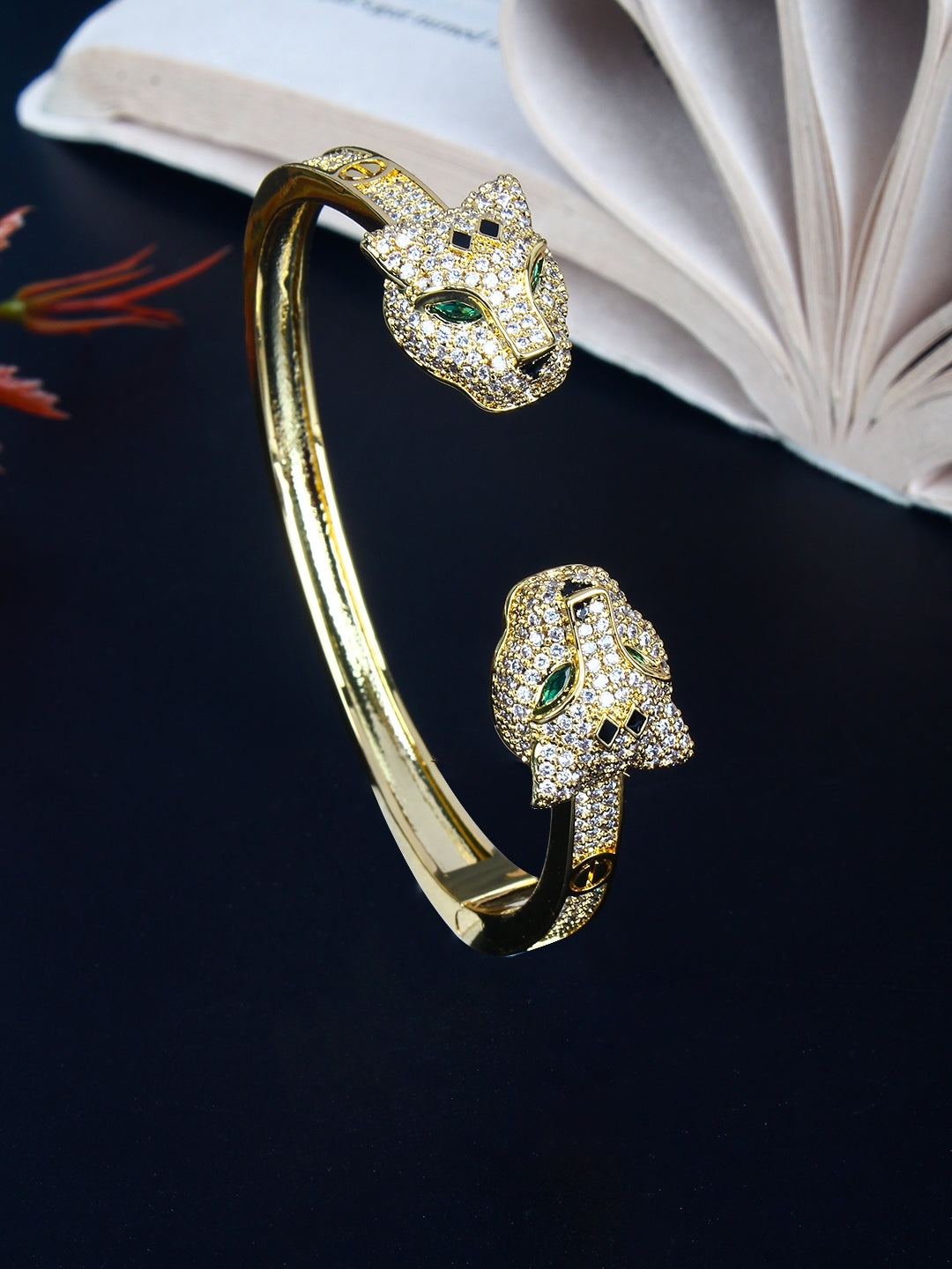 Gold-Plated Gold & Transparent Cubic Zirconia Studded Bangle-Style Brass Slip-On Bracelet