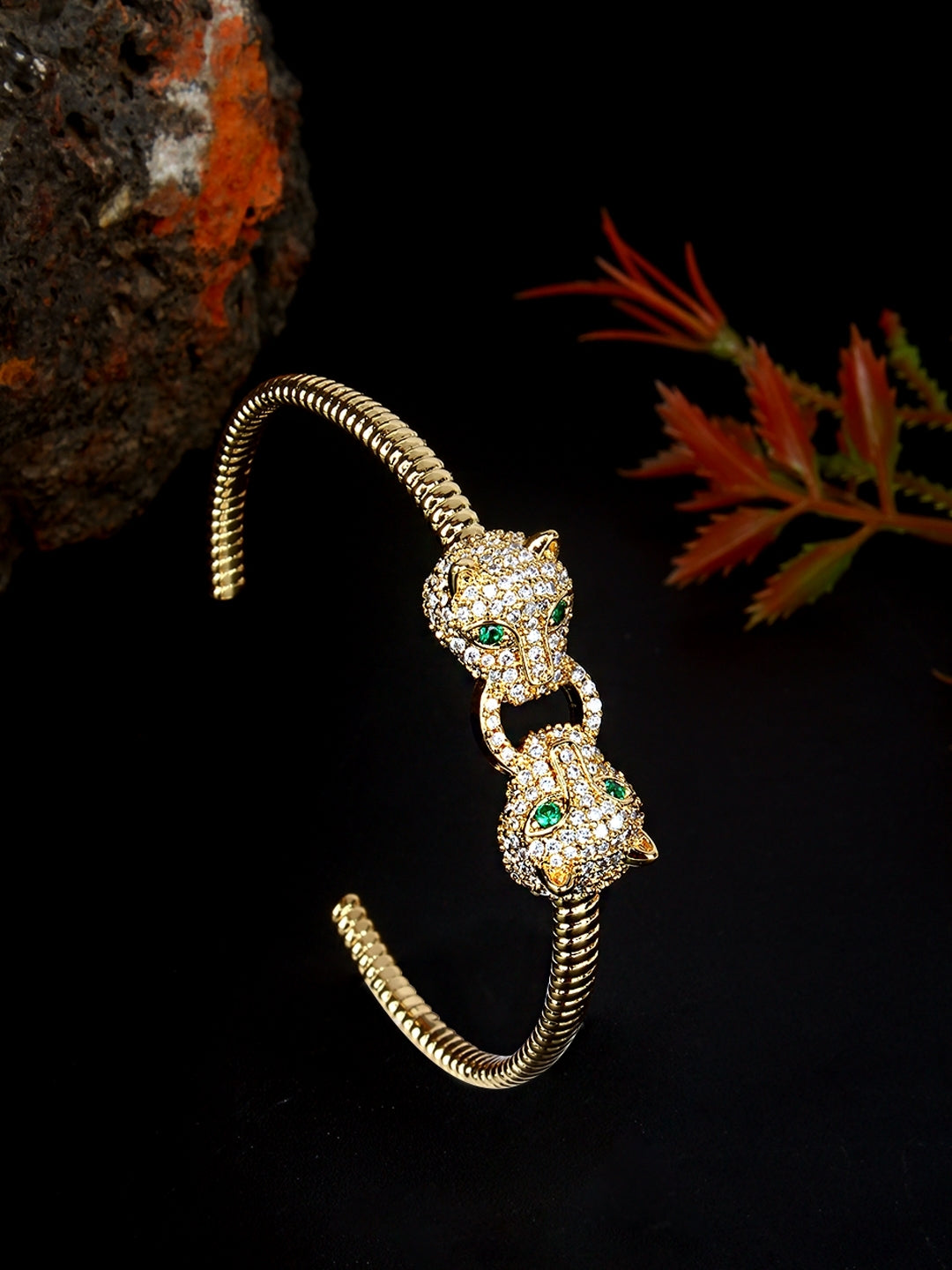 Gold-Plated Gold & Transparent Cubic Zirconia Studded Bangle-Style Brass Slip-On Bracelet