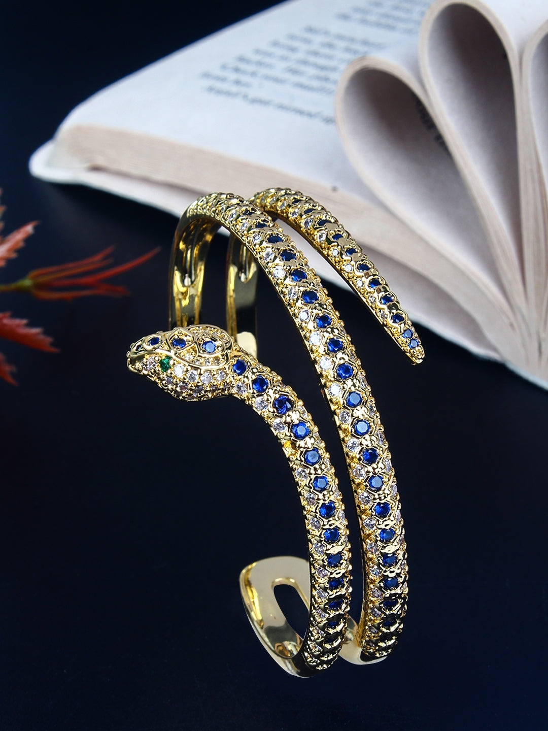 Gold-Plated Gold & Transparent Cubic Zirconia Studded Bangle-Style Brass Slip-On Bracelet