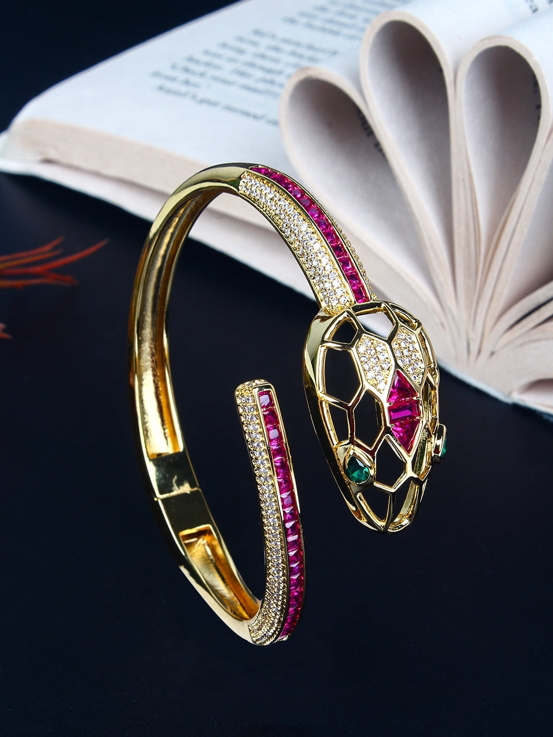 Gold-Plated Gold & Transparent Cubic Zirconia Studded Bangle-Style Brass Slip-On Bracelet