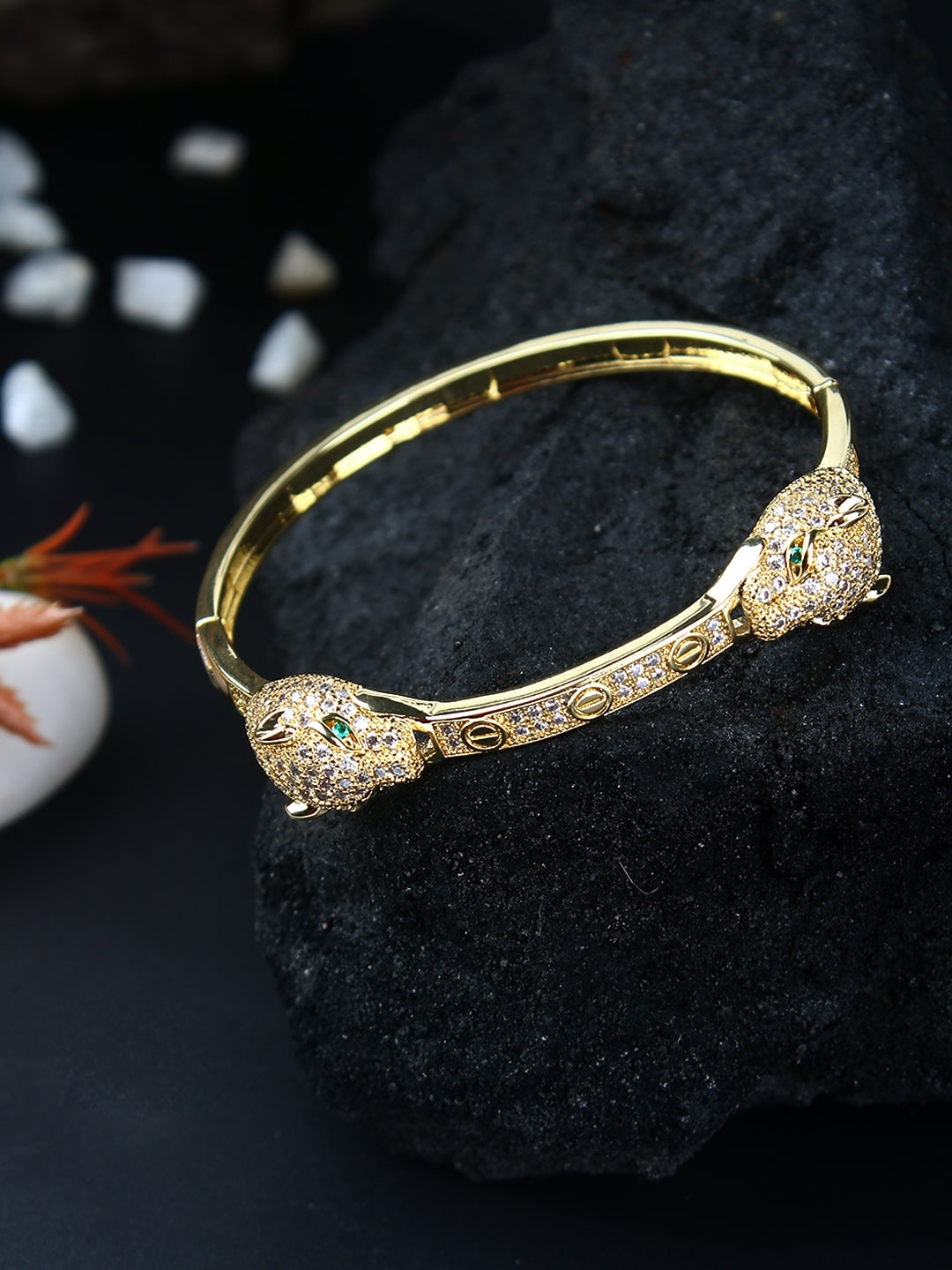 Gold-Plated Gold & Transparent Cubic Zirconia Studded Bangle-Style Brass Slip-On Bracelet