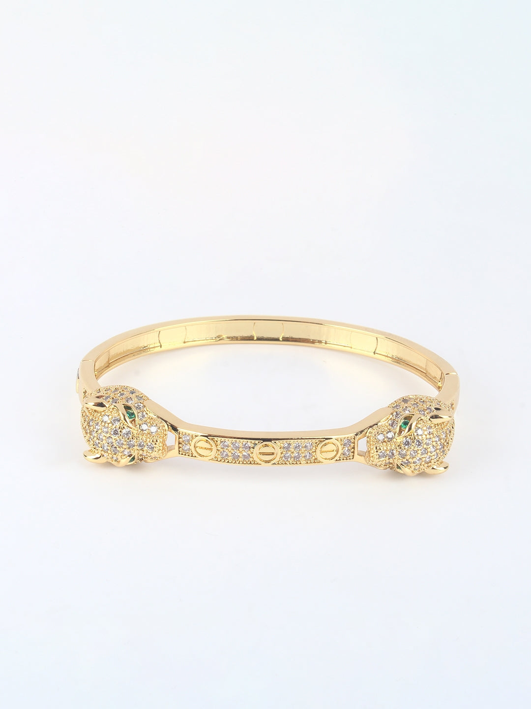 Gold-Plated Gold & Transparent Cubic Zirconia Studded Bangle-Style Brass Slip-On Bracelet