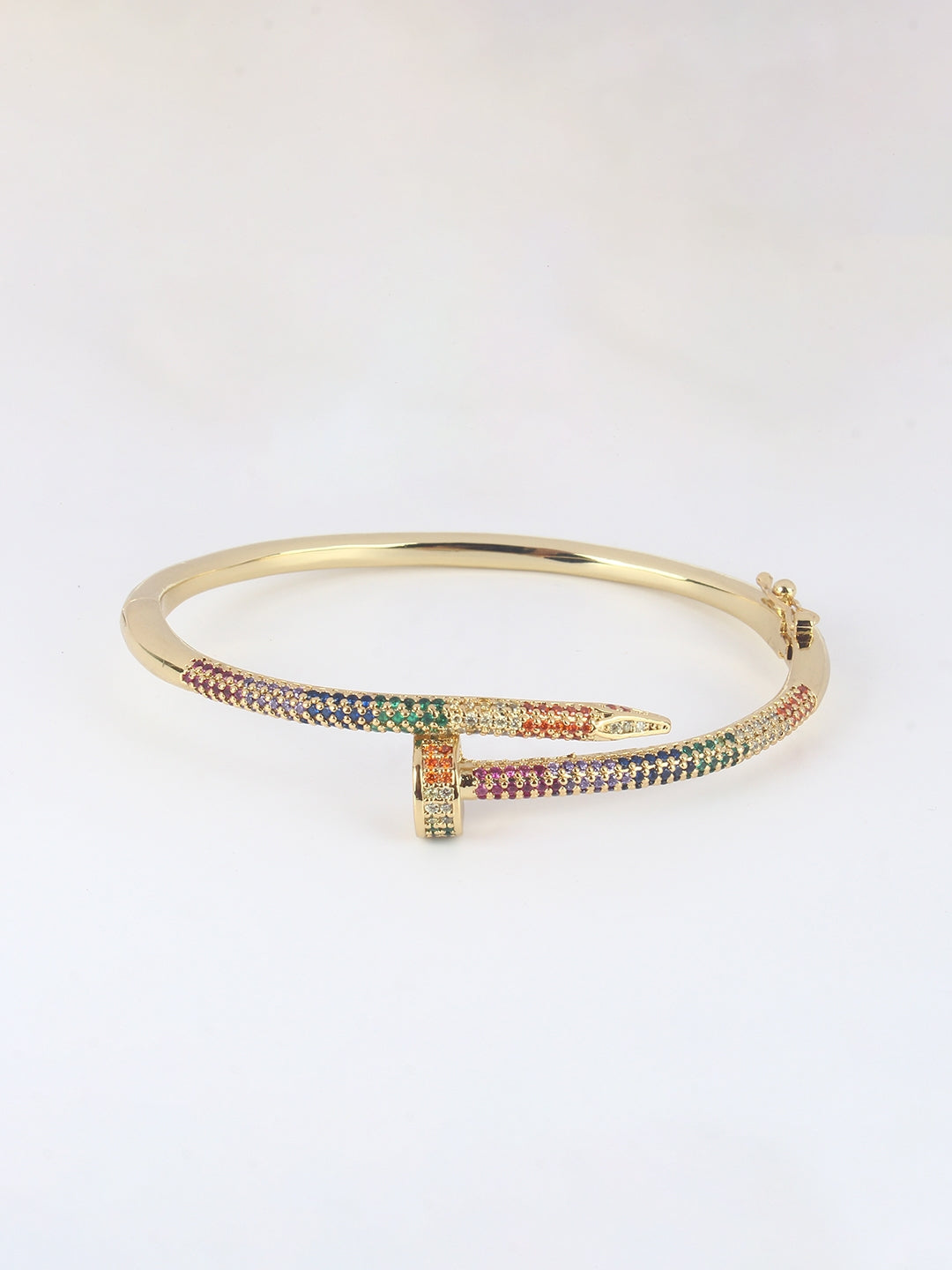 Gold-Plated Gold & Multi Cubic Zirconia Studded Bangle-Style Brass Slip-On Bracelet