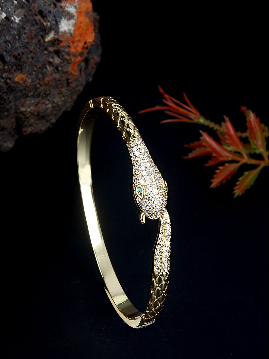 Gold-Plated Gold & Transparent Cubic Zirconia Studded Bangle-Style Brass Slip-On Bracelet