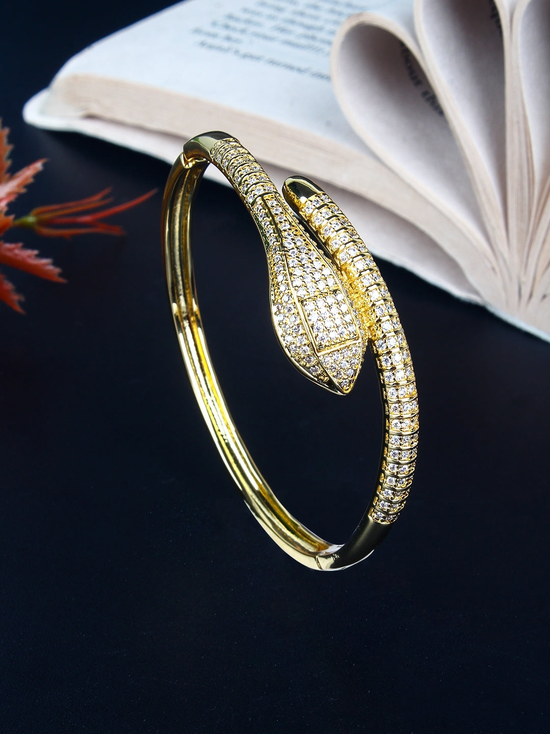 Gold-Plated Gold & Transparent Cubic Zirconia Studded Bangle-Style Brass Slip-On Bracelet