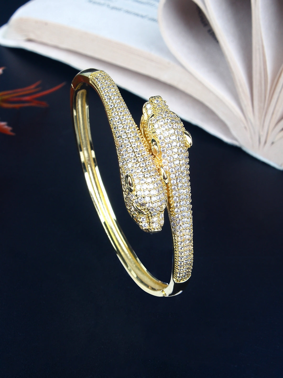 Gold-Plated Gold & Transparent Cubic Zirconia Studded Bangle-Style Brass Slip-On Bracelet