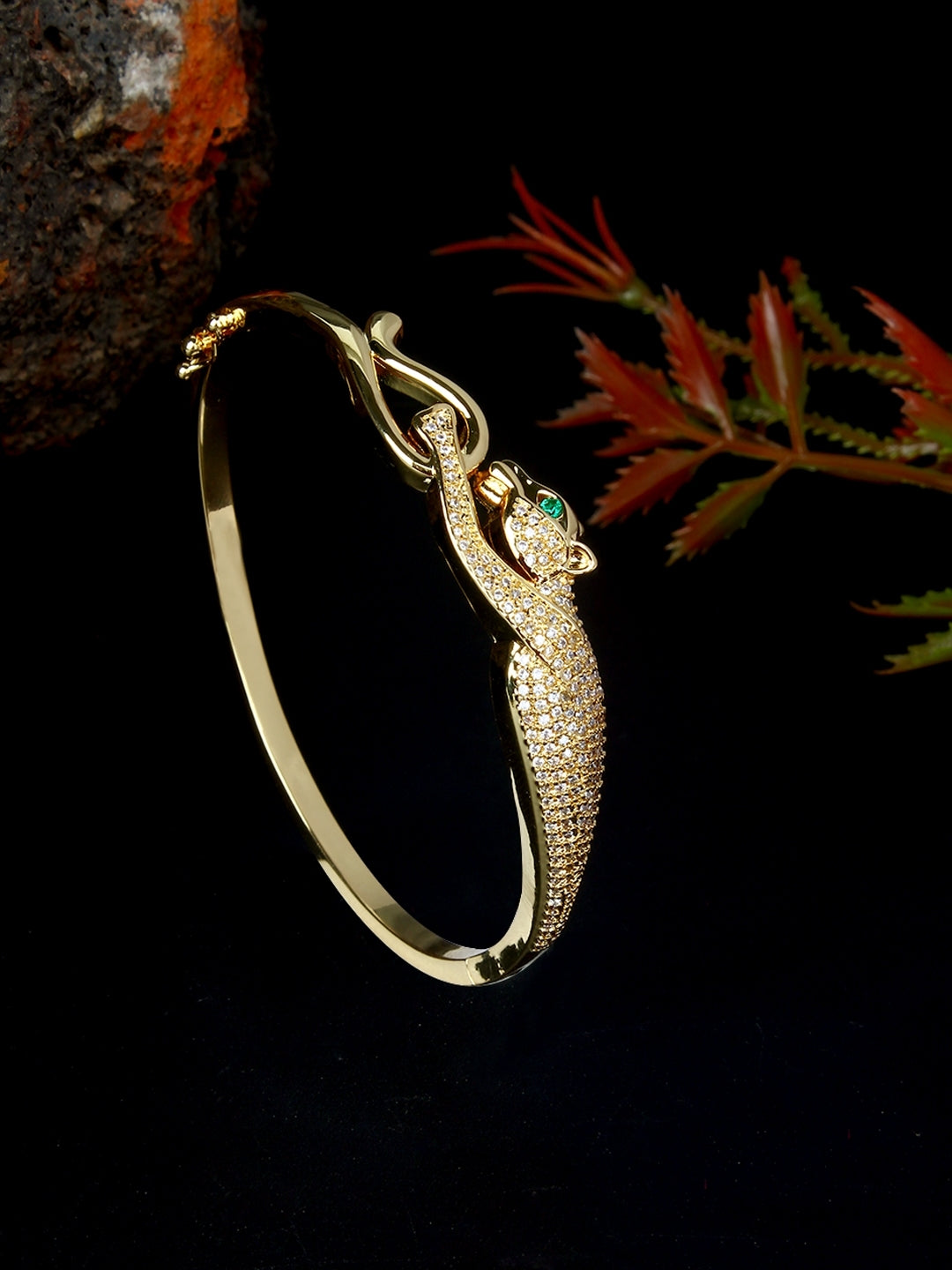 Gold-Plated Gold & Transparent Cubic Zirconia Studded Bangle-Style Brass Slip-On Bracelet