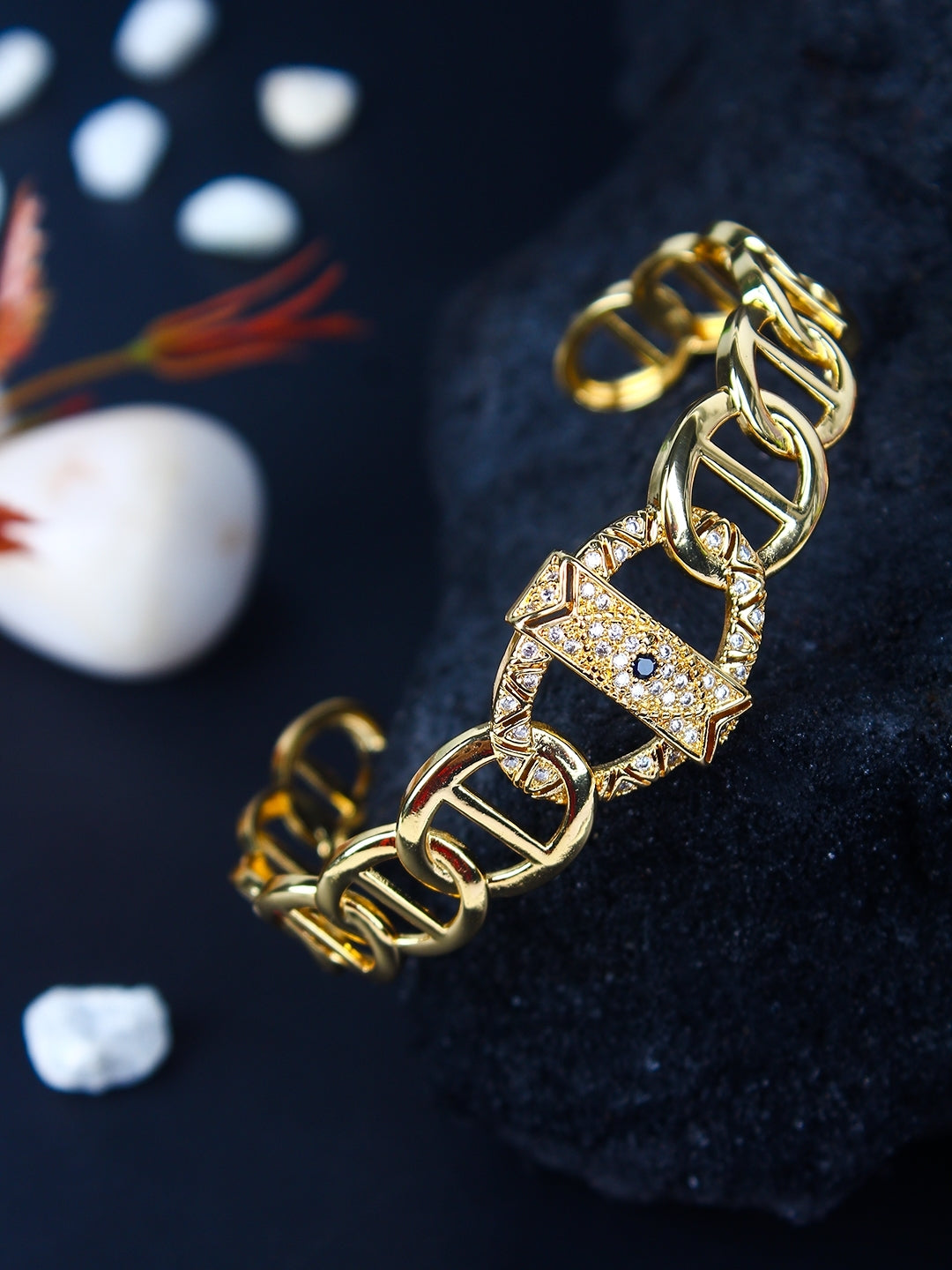 Gold-Plated Gold & Transparent Cubic Zirconia Studded Bangle-Style Brass Slip-On Bracelet