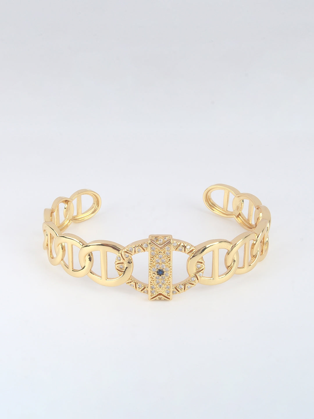 Gold-Plated Gold & Transparent Cubic Zirconia Studded Bangle-Style Brass Slip-On Bracelet